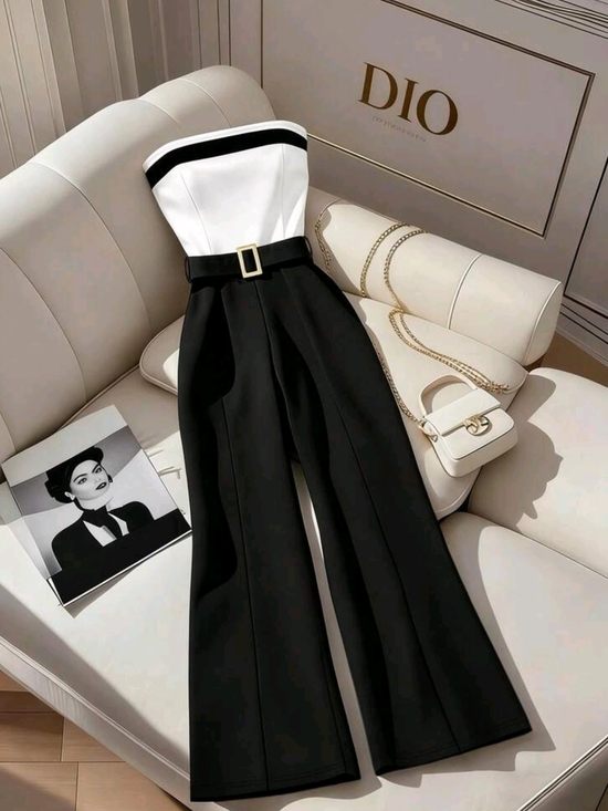 Pants - Strapless Black & White Wide-Leg Jumpsuit with Belt